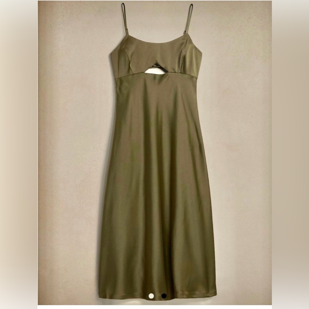 Elegant Olive Green Satin Midi Dress new with tags. - Picture 2 of 8